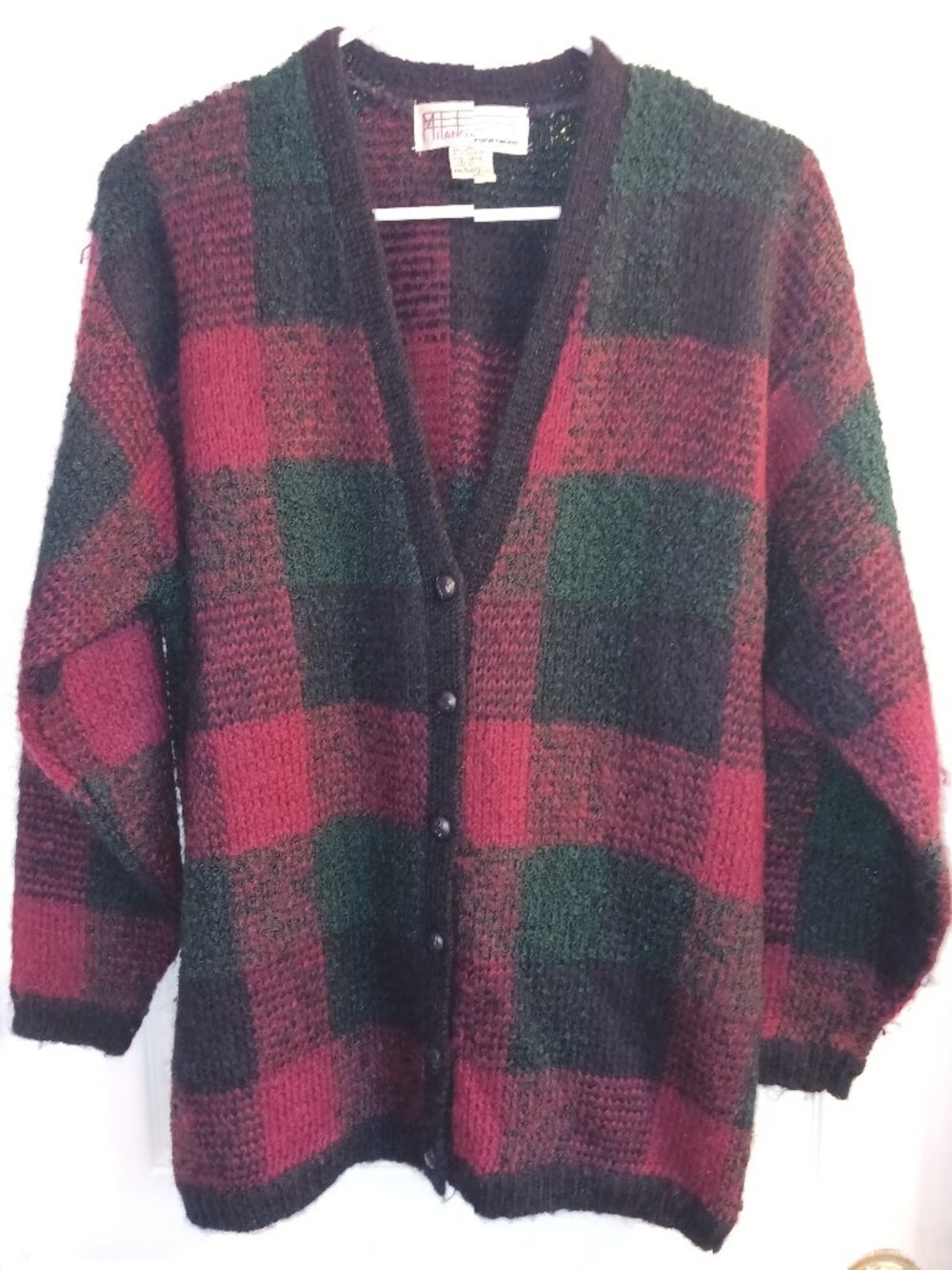 VTG 80's Milano Design Group Plaid Chunky Mohair Blend Cardigan M Red Green